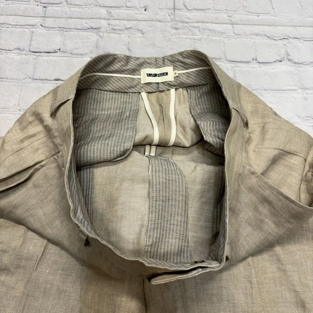 Taylor Stitch Men 100% Linen Flat Front Pants Size 34 Beige Unhemmed C129 -6